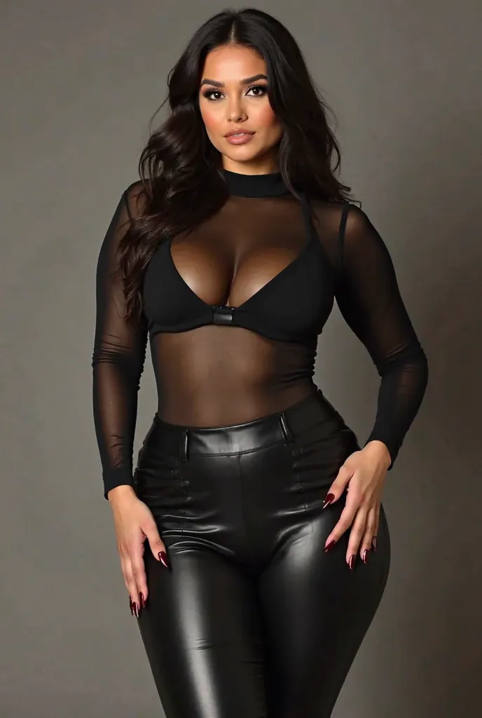 A woman who is extremely curvy. She is wearing black leather leather leggings and a black transparent body with long sleeves . She poses very sexy while touching her hips. She has dark red long shiny nails and wears high boots. 