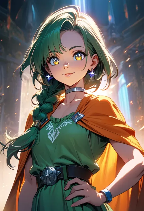 cute anime girl, dqBianca with single braid, hair over shoulder, big sparkling eyes, detailed irises, small nose and mouth, delicate facial features, soft smile, earrings, wearing a green dress, orange cape, belt, earrings, choker, confident pose with one ...