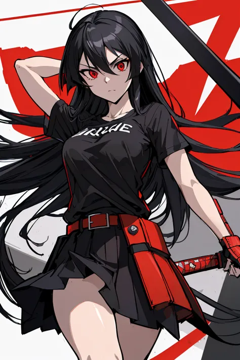 (absurdres, 8K, 4k, masterpiece,  hyper-detailed extreme:1.2), ((masterpiece,t-shirt)), absurdres, animated, character, Women, girls, Sakame Gay Massacre , Akamegakill
Akame , long hair,  black skirt,  black clothes,  pleated skirt ,  belt,  red-eyed sword...