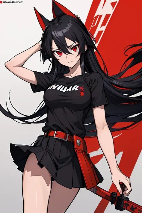 (absurdres, 8K, 4k, masterpiece,  hyper-detailed extreme:1.2), ((masterpiece,t-shirt)), absurdres, animated, character, Women, girls, Sakame Gay Massacre , Akamegakill
Akame , long hair,  black skirt,  black clothes,  pleated skirt ,  belt,  red-eyed sword...