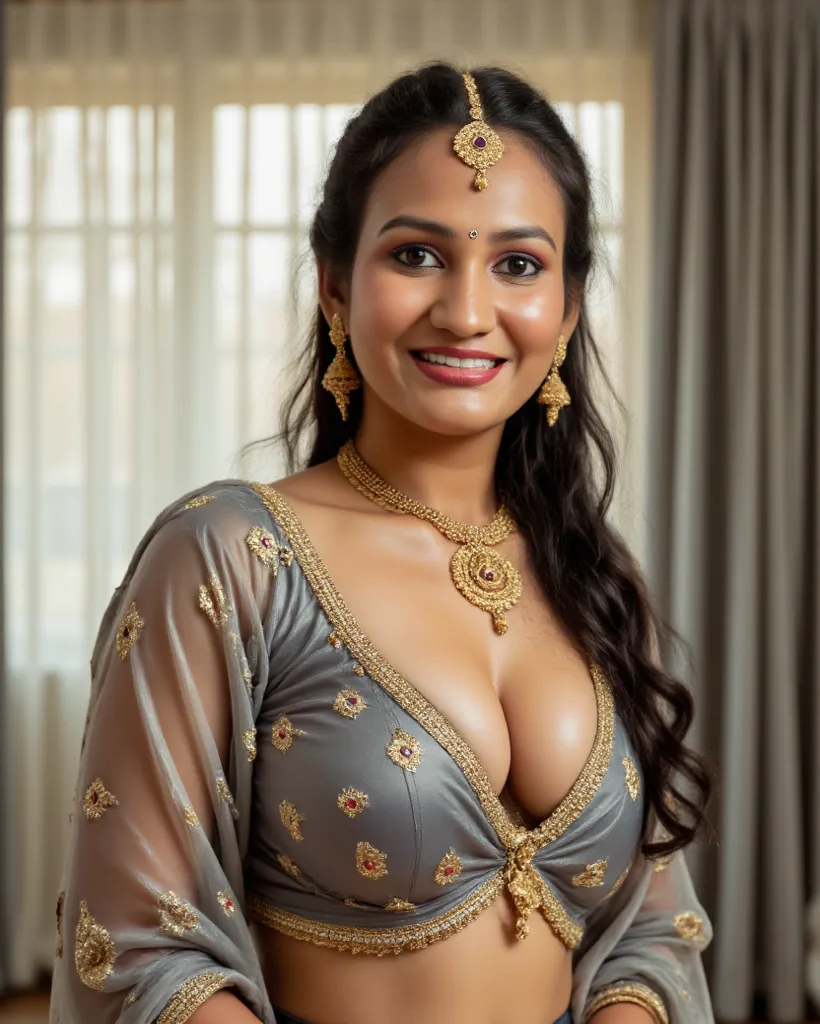 beautiful indian women with a curvy body, ((big fluffy e-cup boobs)) sexy deep v neck blouse, beautiful smile with sexy seducing expression, sexy deep cleavage high quality, photorealistic, 8K, ultra-detailed, stunning, elegant indian woman, sensual expres...