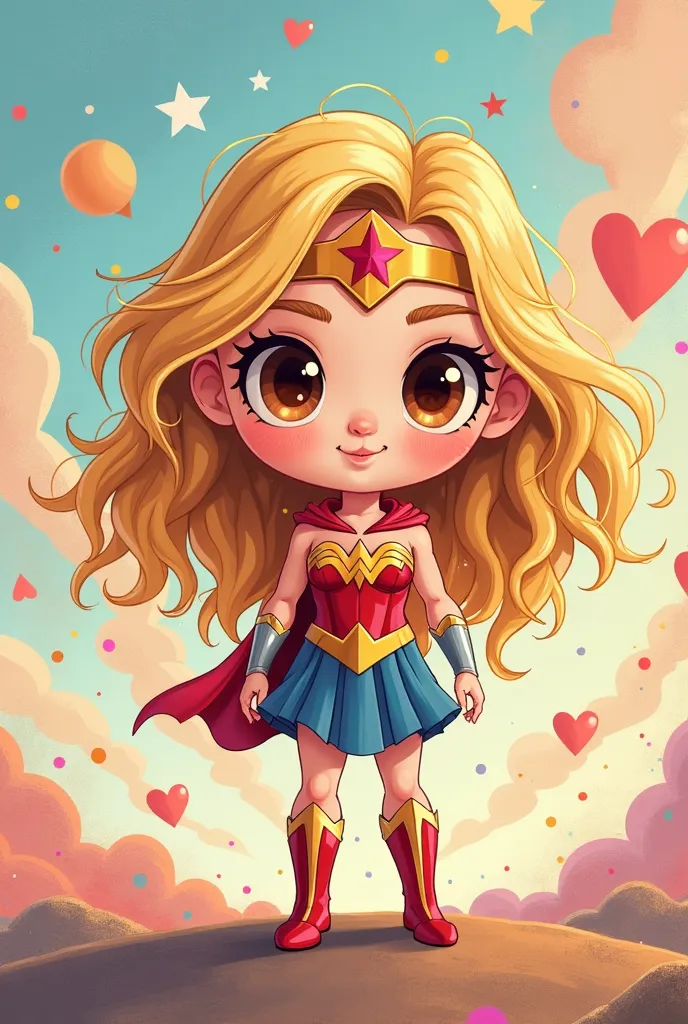  create an adoodle art design ,From Wonder Woman cute. She has to be blonde ,She has a pink section of her hair and brown eyes 