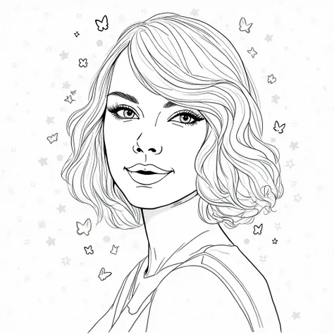 "Create a high-quality black-and-white outlined coloring page of Taylor Swift in a close-up portrait. The focus should be on her expressive eyes, signature hairstyle, and warm smile. Her hair should flow naturally, with clean, bold outlines suitable for co...