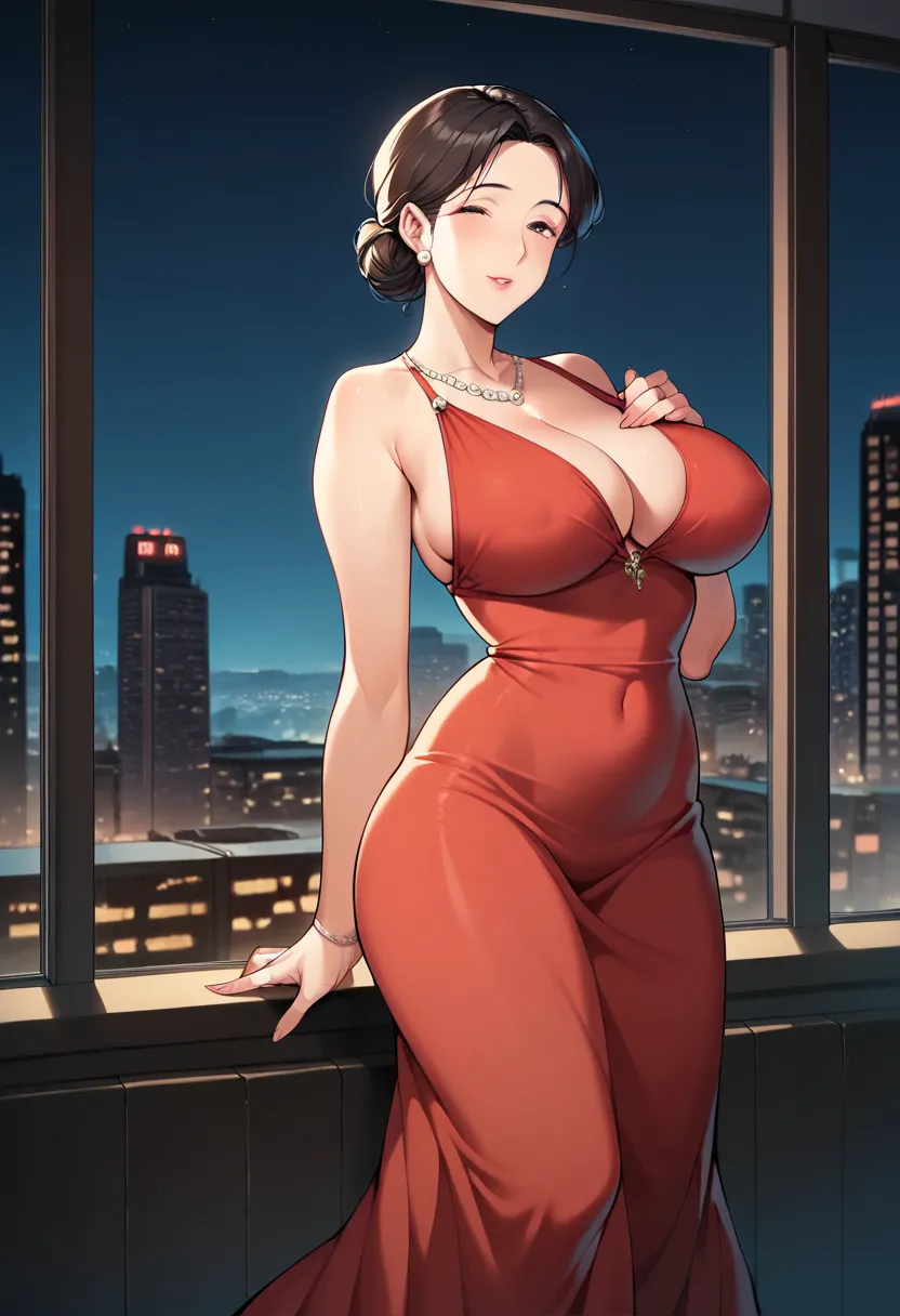  high resolution, Best Quality, uncensored, night, 1 girl, Minamoto Shizuka, milf, long_hair, large_breast, red_dress, long_dress, hotel_interior, huge window, skyscraper