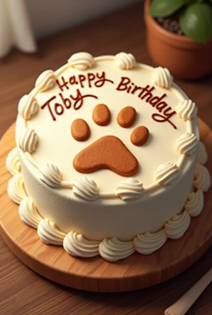 A birthday cake that says happy birthday Toby and that bears a dog's footprint