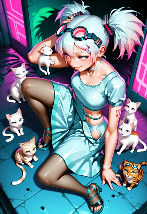   Hatsune Miku, ,long hair,twin tails from above , chest,  pink eye,  video viewers ,hip vent ,hair clip, bangs, Tying up hair ,  Sandals on the skin  , choker, big goggles on the head,kitten, Future Neon City,White clothes ,dynamic pose,smile, Gold,kitten...