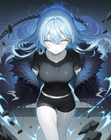 best image quality、High Resolution、 diamond blue hair 、White Eyes、Feather coat、Looks sleepy、rooftop、、  black t-shirt 、beautiful breasts、  best thighs、Blue aura、 long hair、best image quality、floating rubble、Xenomorph、Cosmic Aura 、black shorts、 white skin、 t...