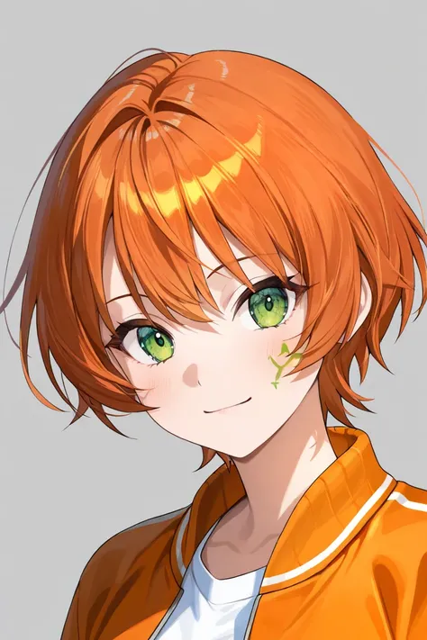 Anime girl, short dark orange hair, Emerald green eyes, Orange varsity jacket, Light grey background