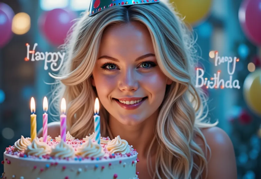 1 beauty blonde mother, birthday cake, happy birthday, party hat, smiling, blonde hair, blue eyes, detailed face, detailed eyes, detailed lips, intricate details, cinematic lighting, colorful, vibrant, high quality, 8k, photorealistic, hyper detailed, mast...