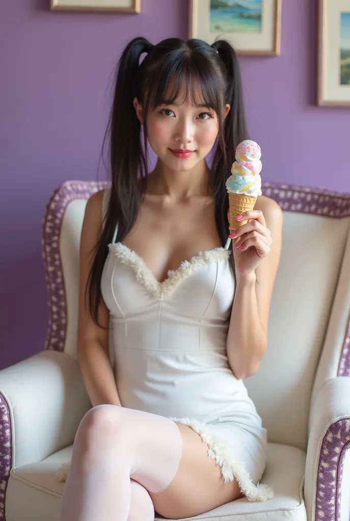 Real photo girl . 34 years old. busty .  long straight hair hairstyle with high ponytails. With sleeveless white summer mini dress with straps in plain white with white plush strap edges, long stockings up to the knees, white, she has a white ice cream wit...