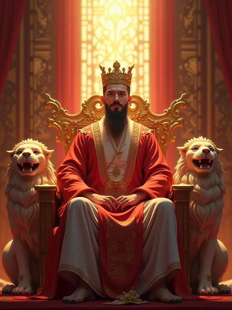 Generate an image of a young man without a beard and moustache with Chinese characteristics sitting on a throne of a king with a golden crown and next to it two lions on top, a bright light with the name Assis 