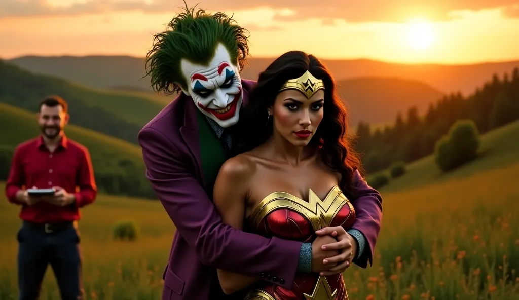 "A tense and dramatic scene in a lush, green landscape during sunset. The Joker, with wild green hair and a sinister grin, is restraining Wonder Woman, who looks fiercely determined yet slightly distressed. The Joker's makeup is smeared, and the word 'woke...