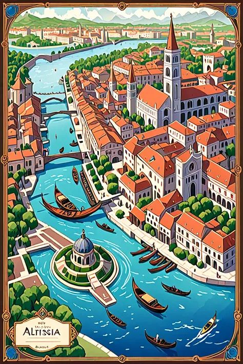 A detailed illustrated map of the port city of Altissia, inspired by Venice, with sinuous canals and structures connected by elegant bridges. Gondolas navigate the canals,  creating a vibrant atmosphere . in the city center, a majestic royal palace is surr...