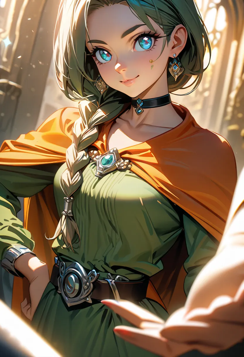 cute anime girl, dqBianca, single braid, hair over shoulder, big sparkling eyes, detailed irises, small nose and mouth, delicate facial features, soft smile, earrings, wearing a green dress, orange cape, belt, earrings, choker, confident pose with one hand...