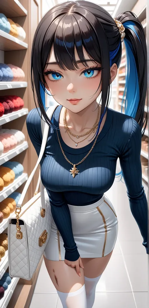 Close up, upper body, Random Sexy pose , ((Ultra detailing)), ((very aesthetic, best quality, ultra detailed)), intricate details, 1girl, ((long hair, Black hair, Side ponytail, blue inner hair)), ((Multi colour eyes)), ((Detailed eyes)), ((Beautifull eyes...