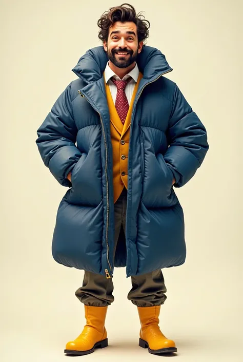 INFLATABLE NAVY BLUE COAT ,WITH YELLOW BOOTS ,, HIS HANDS IN HIS POCKETS, HIS HAIR SLIGHTLY CURLY, SMILE ,A MAN OF MEDIUM HEIGHT WITH A MUSTACHE AND A BEARD