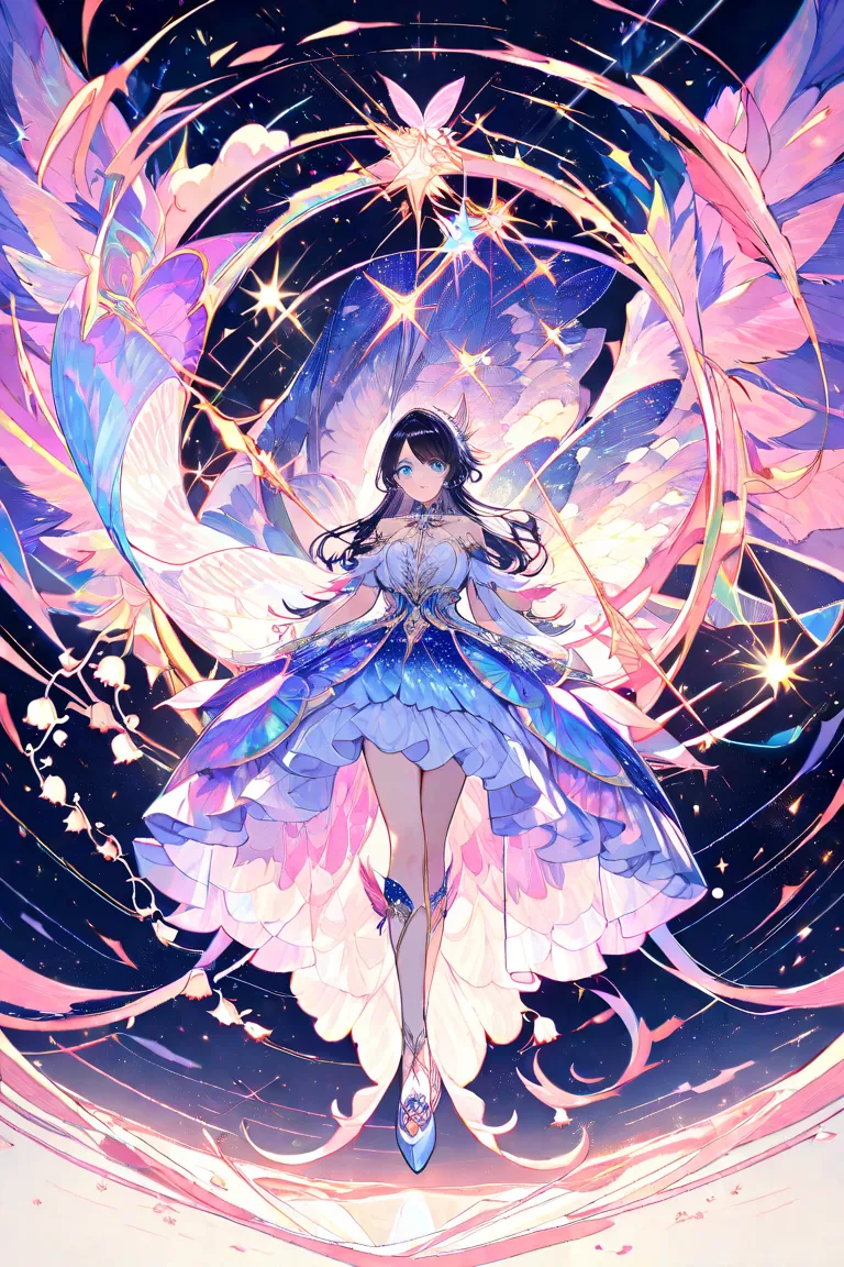 masterpiece,Highest quality,Super Detail,8k,full body　 girls on the left　long black hair　 blue eyes　 eyelashes　cute　 lily of the valley　butterfly　 white ruffle dress held downwards　dynamic angle　universe　star　 glitter　 auroras　iridescent purple　 pink　red　F...