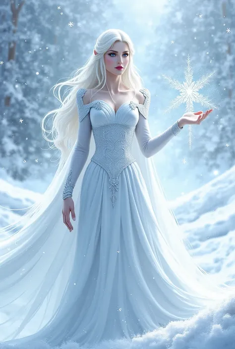 Realistic digital illustration of the Snow Queen, with a serious gesture, blue eyes and white hair,  dressed in a dress in white and gray tones, creating snow in one hand