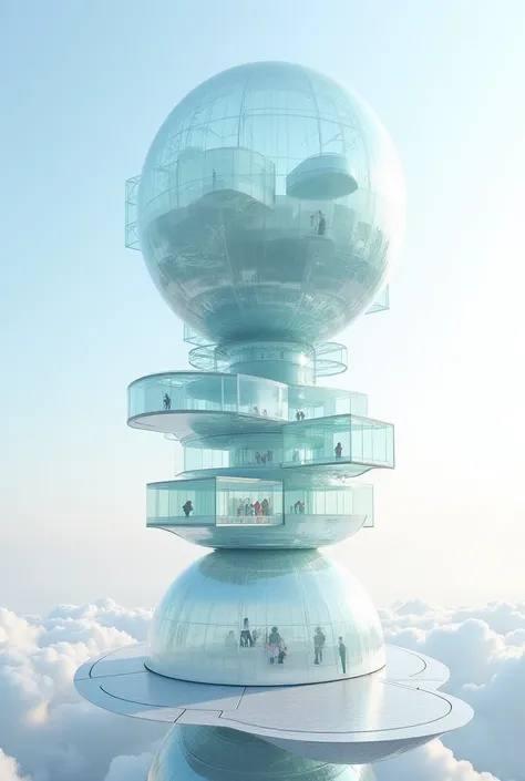 Using a “suspended crystal” structure, the，body consists of multiple irregular transparent geometric blocks stacked on top of each other，bottom of the dome with a top setting that can be opened and closed forms a “virtual space”，A two-story building with a...