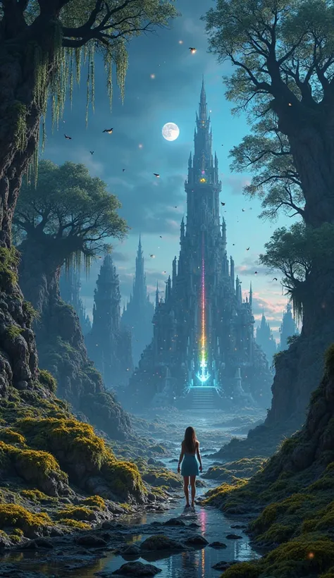 First-person POV of someone looking around in awe, hyper-realistic 4K detail. The camera pans slowly, revealing a vast, otherworldly landscape. The ground is covered in glowing moss, and the trees are towering, with bioluminescent vines hanging from their ...