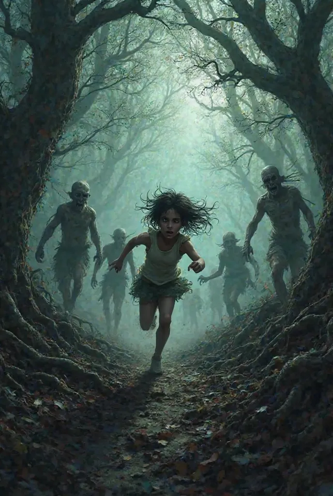 The girl runs through the dark forest while being chased by zombies