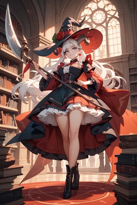 (masterpiece), best quality, highly detailed, A Magus girl with white hair holdding a magical scythe, witch hat, huge horn, frill short skirt, red and black outfit, scythe, magic light, background is library ,libraryai