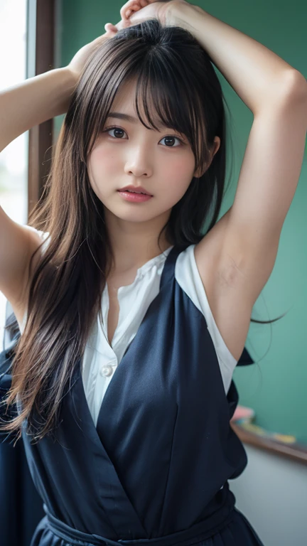  Japanese、 model、long hair tops、schools、very long hair with underarm hair, 