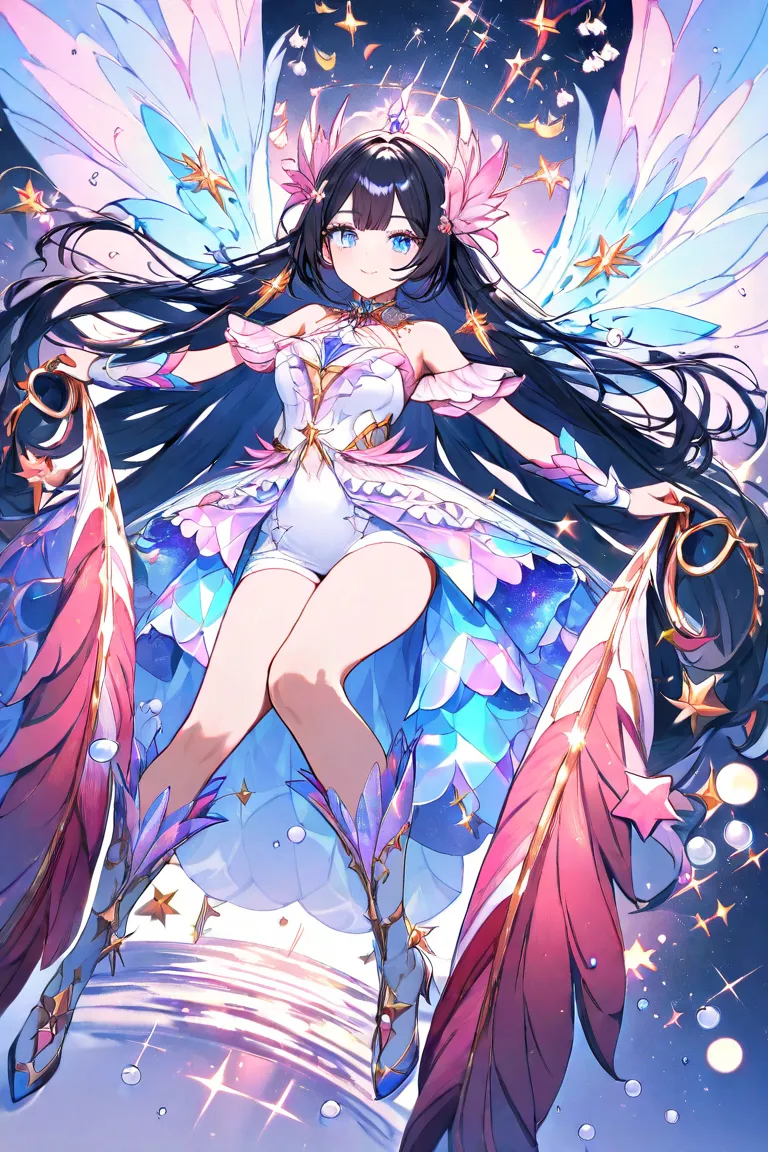 masterpiece,Highest quality,Super Detail,8k,full body　 girls on the left　long black hair　 blue eyes　 eyelashes　cute　 lily of the valley　 white ruffle dress held downwards　dynamic angle　universe　star　 glitter　 auroras　iridescent purple　 pink　red　Feather　gem