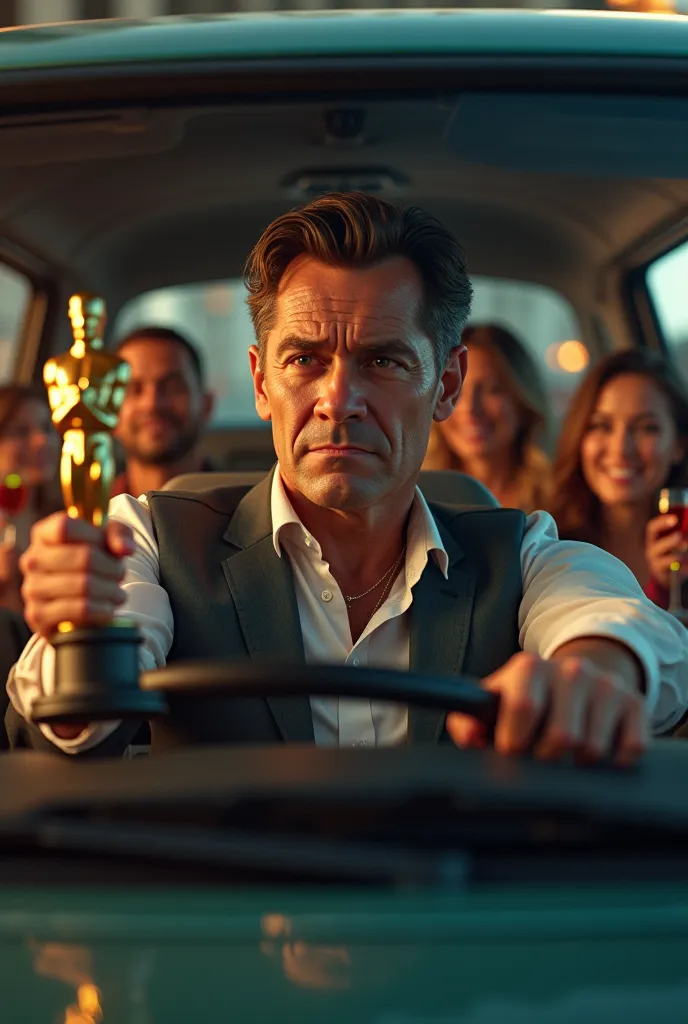 a driver holding an Oscar inside the car, with a face of " What can I do ? I am the driver of the time", while the passengers are holding drinks and laughing. going to a carnival party