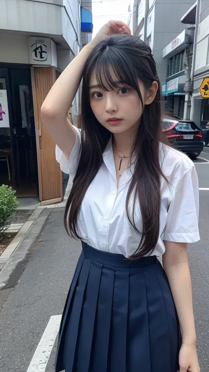  Japanese、 model、very long hair with underarm hair, Pleated skirt