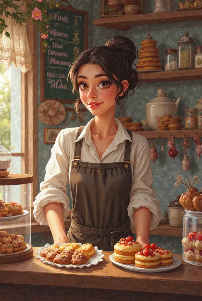 A woman selling desserts in a pastry shop