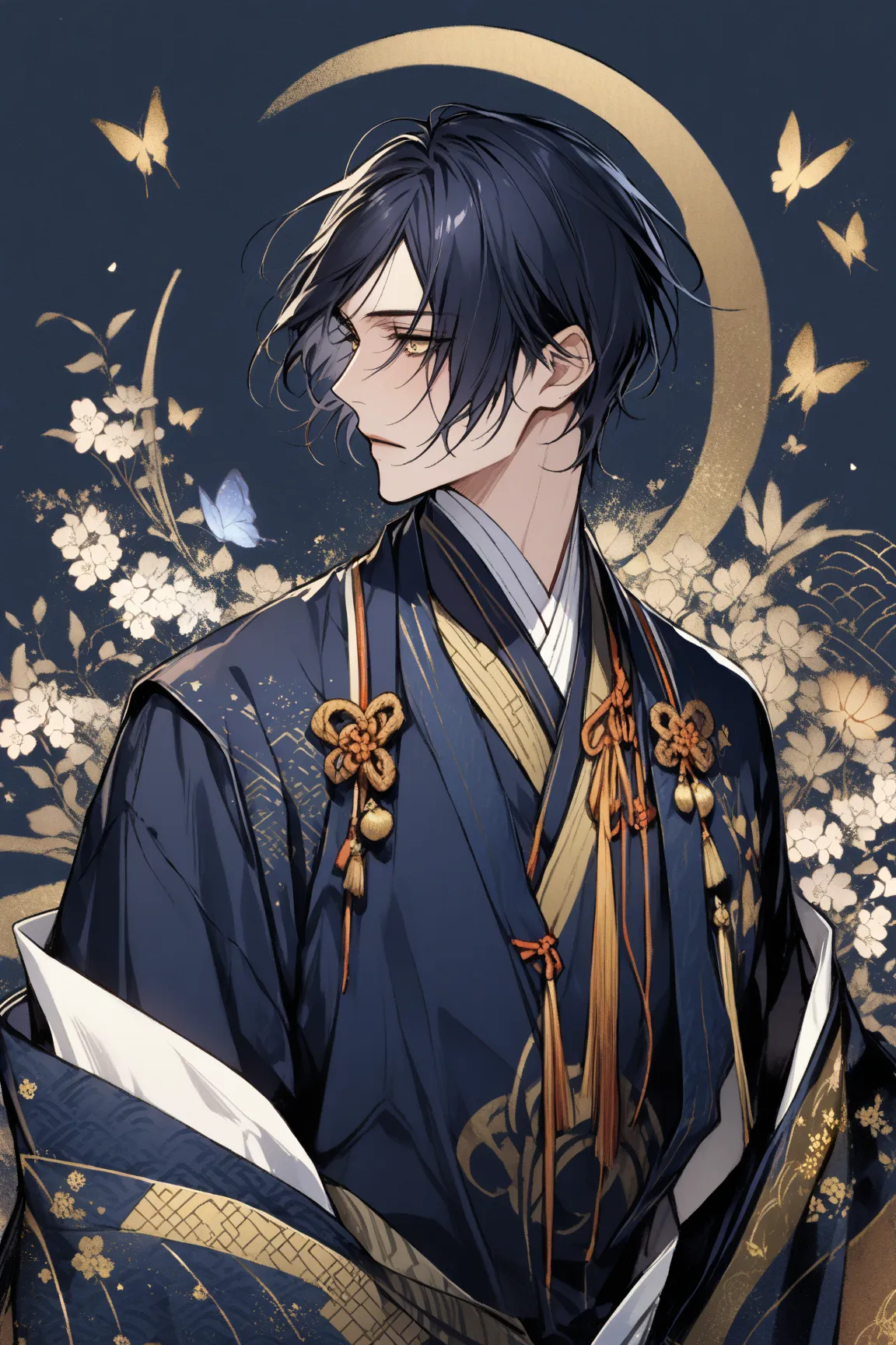 traditional Japanese pattern,1 boy, mikaduki munechika(Touken Ranbu), Slender ,ikemen,(((dark blue short hair))), The front hair is gathered in the center ,golden eyes,dark blue cloths,(((upper body ))),(((Background design))),Flowers, butterflies ,Crescen...