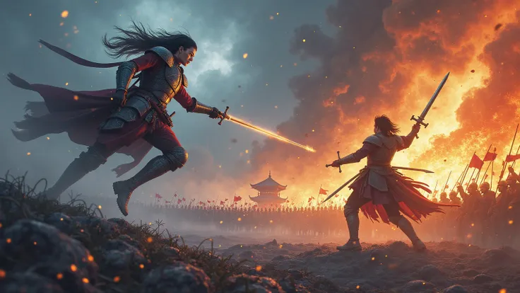 An epic battle between a。An epic battle between a tall, dark-haired young warrior and an evil general, A battlefield hit by a storm of fire and ice, Rain and Arrows、A duel where swords collide、Crowds of soldiers watching