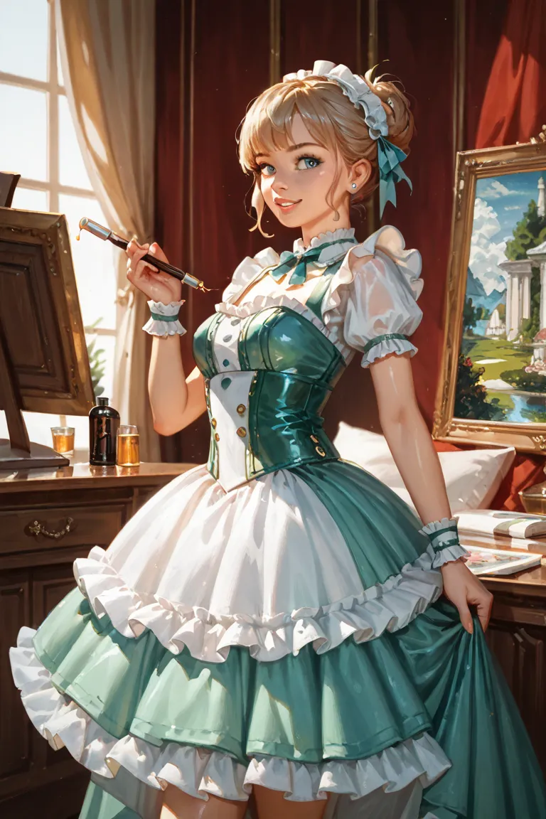 clothing design，extreme hight detail，Finely portrayed clothes，Complex skirts，frilld，Bow knot，adolable，a gorgeous，Oil painting style portrait of people, **** in dress,  ****ta prostitute，