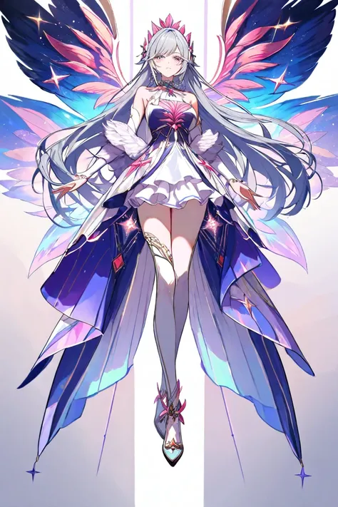 masterpiece,Highest quality,Super Detail,8k,full body　 girls on the left　 long gray hair on human hands　redい瞳　 eyelashes　cute　 white ruffle dress held downwards　dynamic angle　universe　star　 glitter　 auroras　iridescent purple　 pink　red　Feather　gem