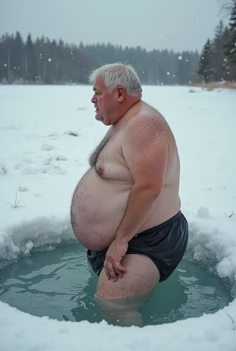  fat obese man of retirement age, dips into an ice-hole .  side view.  In the background, a frozen winter lake . legs spread. fear on my face . he&#39;s naked:  shirtless ,  on her legs, tight swimming trunks. belly hangs down a lot .  professional shootin...