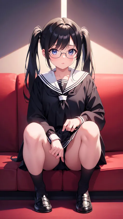  black hair, twin tails from above,  black sailor suit,  school uniform,  white socks, black loafers, glasses,  hands behind back, simple background, odd-eye,  girls on the left, full body