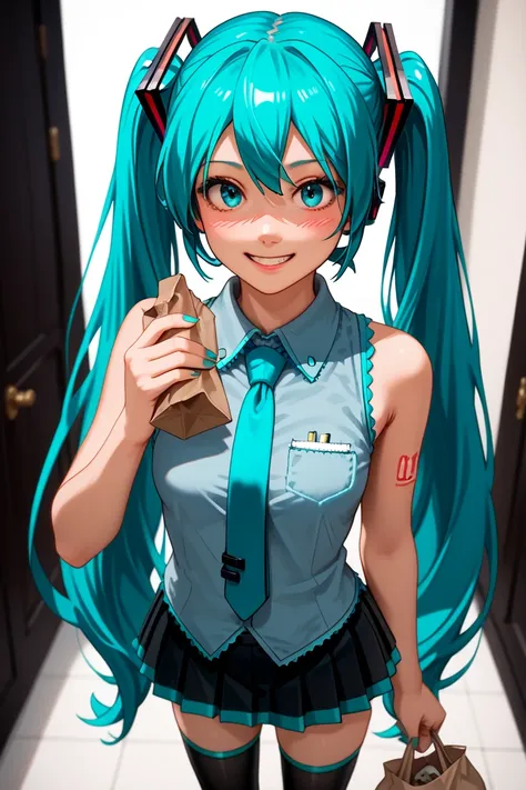 (Highest quality), (8k detailed), ( masterpiece), masterpiece ,(1 person) , woman ,  Hatsune Miku ,  turquoise hair  , twin tails from above , light smile  ,  create a perfect body line  , Hot body ,  red 01 tattoo on one upper arm ,  exact finger , Light ...