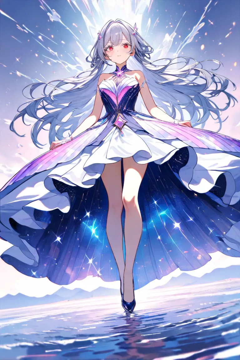 masterpiece,Highest quality,Super Detail,8k,full body　 girls on the left　 long gray hair on human hands　 red eyes　 eyelashes　cute　 white ruffle dress held downwards　dynamic angle　water中　water　 glitter　 auroras　iridescent purple　 pink　gem