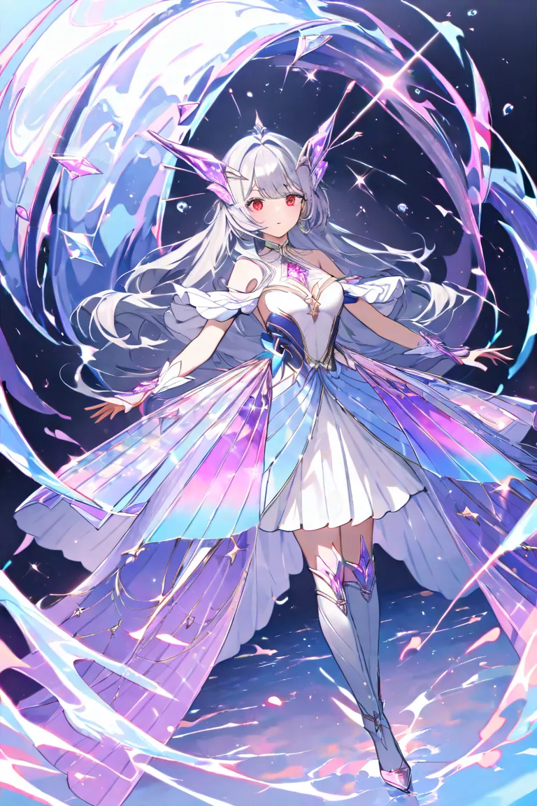 masterpiece,Highest quality,Super Detail,8k,full body　 girls on the left　 long gray hair on human hands　 red eyes　 eyelashes　cute　 white ruffle dress held downwards　dynamic angle　water中　water　 glitter　 auroras　iridescent purple　 pink　gem