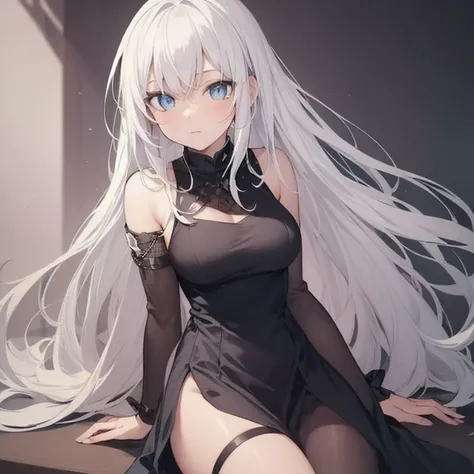 anime girl with long white hair, blue eyes and black dress sitting on a table, an anime drawing inspired by Wojciech Weiss, pixiv, gothic art, from girls frontline, anime girl wearing a black dress, girls frontline style, perfect white haired girl, fine de...