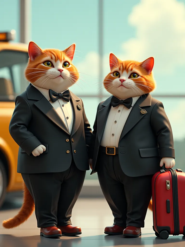 Two fat cats in tuxedo suits and wheeled suitcases next to a taxi at an airport 