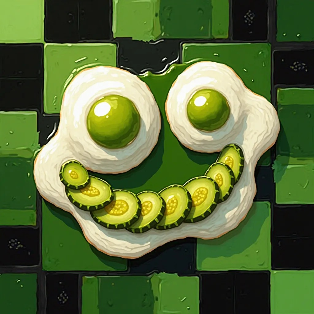 "A playful, pixelated checkered background in shades of green and black, forming a digital aesthetic. The centerpiece is a large, friendly smiley face created using two fried eggs with vibrant green yolks as eyes and a curved arrangement of shiny green pic...