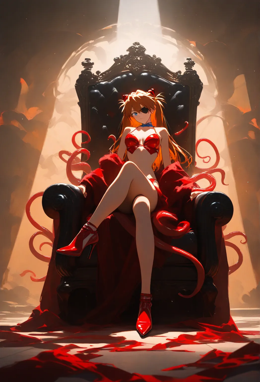  1girl , Soryuu Asuka Langley из ‘Neon Genesis Evangelion’, with an eye patch,  In a red bikini, red thongs and red heels,  sits on the throne, cross-legged.  Her head is slightly tilted , the pose radiates confidence and strength. Surrealistic tentacles, ...