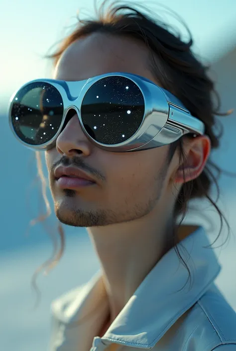 The model is wearing glass sunglasses with stars and the moon on the glass