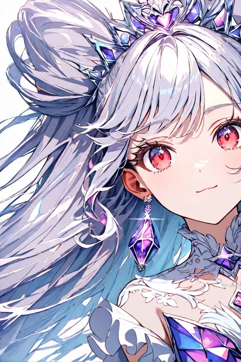 masterpiece,Highest quality,Super Detail,8k, upper body up　 girls on the left　 long gray hair on human hands　 red eyes　 eyelashes　cute　white ruffle dress　dynamic angle　water中　water　 glitter　universe　iridescent purple　 pink　gem　tiara　earrings