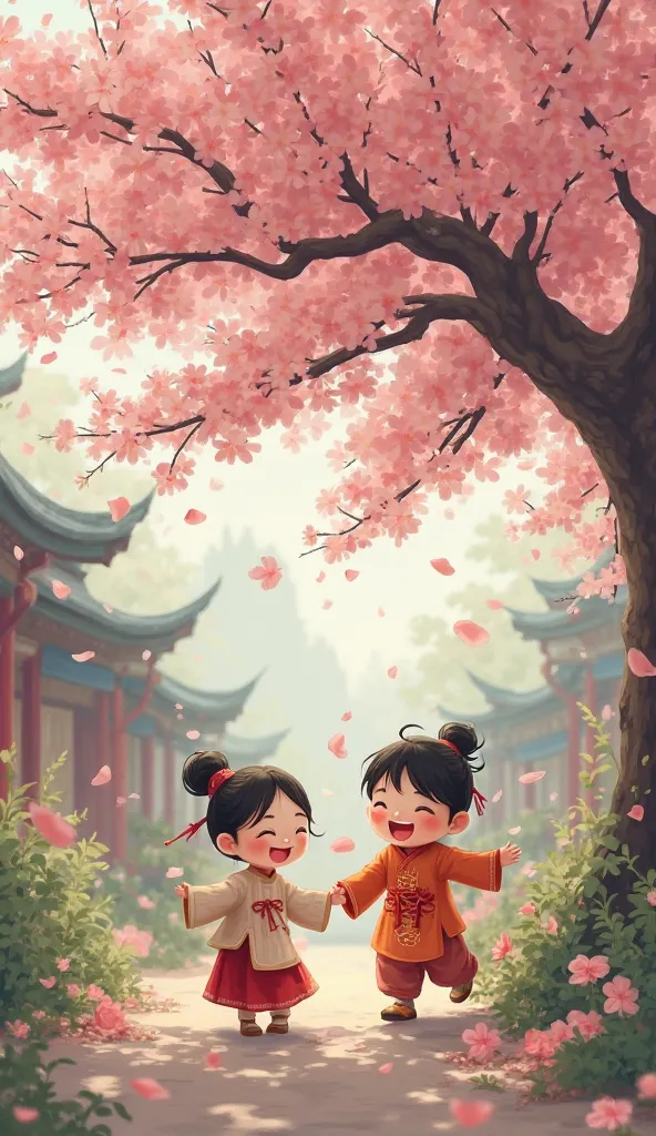 A young boy and girl dressed in ancient Chinese clothing, playing together happily under a large cherry blossom tree in a peaceful village