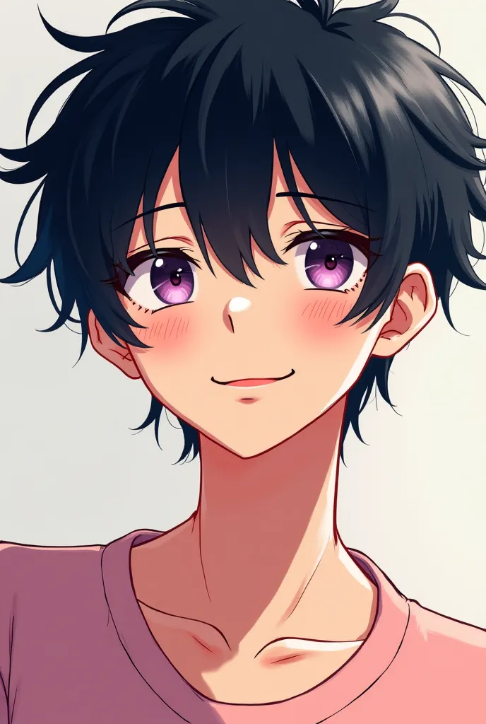 Anime art style, Man with black messy hair and cute face and pink clothes 