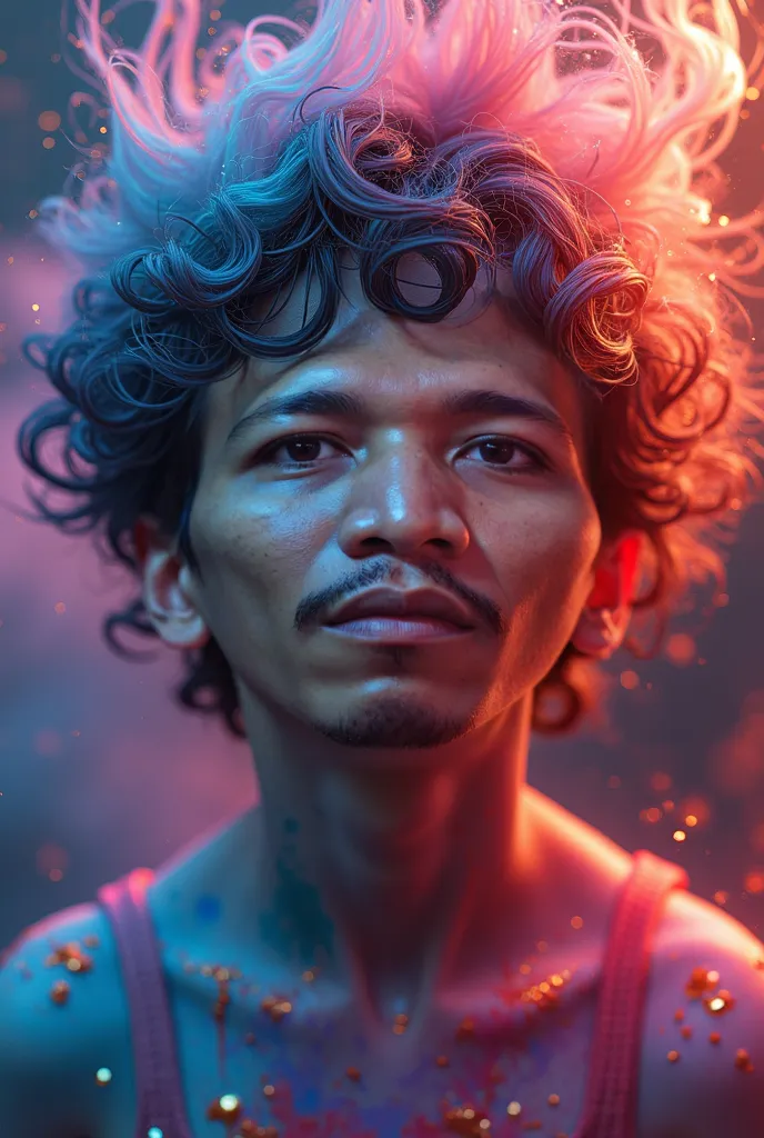 3d rendering splatter, ultra-high resolution portrait of  metamorphosis through swirling gases, scattered gold dust, gelatinous liquid fractals, fumes, foam, bubbles, smokes : an adorable man with neon-colored paint drips across his face. The paint is vibr...