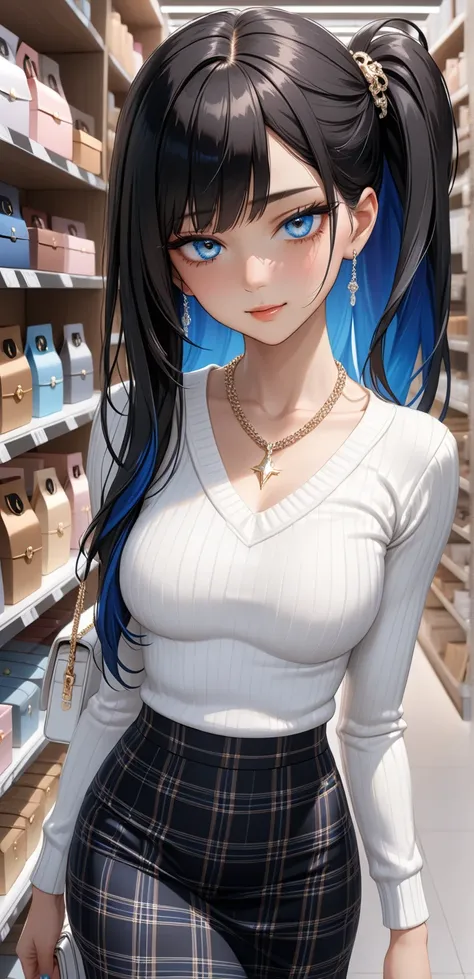 Close up, upper body, Random Sexy pose , ((Ultra detailing)), ((very aesthetic, best quality, ultra detailed)), intricate details, 1girl, ((long hair, Black hair, Side ponytail, blue inner hair)), ((Multi colour eyes)), ((Detailed eyes)), ((Beautifull eyes...